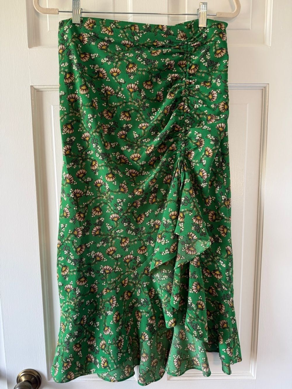 NWT Max Studio Green Floral Ruching Ruffle Midi Maxi Skirt Boho Fall Autumn